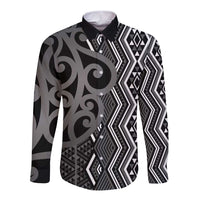 Maori Taniko Patterns Long Sleeve Button Shirt Black Patiki Motifs Mix Whakairo Ngaru