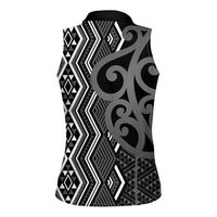 Maori Taniko Patterns Women Sleeveless Polo Shirt Black Patiki Motifs Mix Whakairo Ngaru