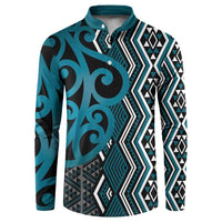 Maori Taniko Patterns Button Sweatshirt Azure Patiki Motifs Mix Whakairo Ngaru