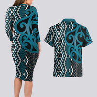 Maori Taniko Patterns Couples Matching Long Sleeve Bodycon Dress and Hawaiian Shirt Azure Patiki Motifs Mix Whakairo Ngaru