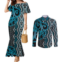 Maori Taniko Patterns Couples Matching Mermaid Dress and Long Sleeve Button Shirt Azure Patiki Motifs Mix Whakairo Ngaru