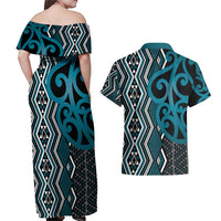 Maori Taniko Patterns Couples Matching Off Shoulder Maxi Dress and Hawaiian Shirt Azure Patiki Motifs Mix Whakairo Ngaru