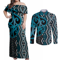 Maori Taniko Patterns Couples Matching Off Shoulder Maxi Dress and Long Sleeve Button Shirt Azure Patiki Motifs Mix Whakairo Ngaru