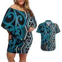 Maori Taniko Patterns Couples Matching Off Shoulder Short Dress and Hawaiian Shirt Azure Patiki Motifs Mix Whakairo Ngaru