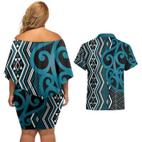 Maori Taniko Patterns Couples Matching Off Shoulder Short Dress and Hawaiian Shirt Azure Patiki Motifs Mix Whakairo Ngaru