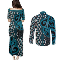 Maori Taniko Patterns Couples Matching Puletasi and Long Sleeve Button Shirt Azure Patiki Motifs Mix Whakairo Ngaru