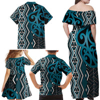 Maori Taniko Patterns Family Matching Off Shoulder Maxi Dress and Hawaiian Shirt Azure Patiki Motifs Mix Whakairo Ngaru