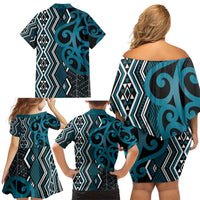 Maori Taniko Patterns Family Matching Off Shoulder Short Dress and Hawaiian Shirt Azure Patiki Motifs Mix Whakairo Ngaru