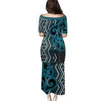 Maori Taniko Patterns Family Matching Puletasi and Hawaiian Shirt Azure Patiki Motifs Mix Whakairo Ngaru
