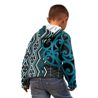 Maori Taniko Patterns Kid Hoodie Azure Patiki Motifs Mix Whakairo Ngaru