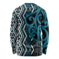 Maori Taniko Patterns Long Sleeve Shirt Azure Patiki Motifs Mix Whakairo Ngaru
