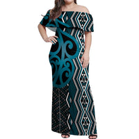 Maori Taniko Patterns Off Shoulder Maxi Dress Azure Patiki Motifs Mix Whakairo Ngaru