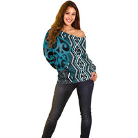 Maori Taniko Patterns Off Shoulder Sweater Azure Patiki Motifs Mix Whakairo Ngaru