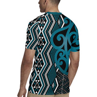 Maori Taniko Patterns Rugby Jersey Azure Patiki Motifs Mix Whakairo Ngaru