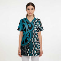 Maori Taniko Patterns Scrub Top Azure Patiki Motifs Mix Whakairo Ngaru - Polynesian Pride