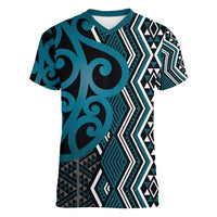 Maori Taniko Patterns Women V-Neck T-Shirt Azure Patiki Motifs Mix Whakairo Ngaru