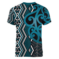 Maori Taniko Patterns Women V-Neck T-Shirt Azure Patiki Motifs Mix Whakairo Ngaru