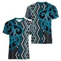 Maori Taniko Patterns Women V-Neck T-Shirt Azure Patiki Motifs Mix Whakairo Ngaru