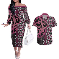 Maori Taniko Patterns Couples Matching Off The Shoulder Long Sleeve Dress and Hawaiian Shirt Pink Patiki Motifs Mix Whakairo Ngaru