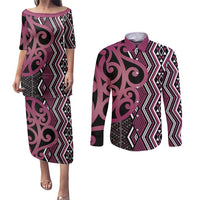 Maori Taniko Patterns Couples Matching Puletasi and Long Sleeve Button Shirt Pink Patiki Motifs Mix Whakairo Ngaru