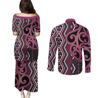 Maori Taniko Patterns Couples Matching Puletasi and Long Sleeve Button Shirt Pink Patiki Motifs Mix Whakairo Ngaru