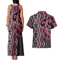 Maori Taniko Patterns Couples Matching Tank Maxi Dress and Hawaiian Shirt Pink Patiki Motifs Mix Whakairo Ngaru