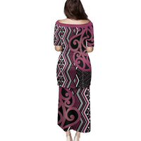 Maori Taniko Patterns Family Matching Puletasi and Hawaiian Shirt Pink Patiki Motifs Mix Whakairo Ngaru