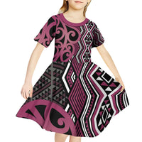 Maori Taniko Patterns Kid Short Sleeve Dress Pink Patiki Motifs Mix Whakairo Ngaru