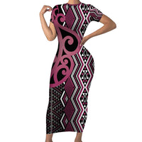 Maori Taniko Patterns Short Sleeve Bodycon Dress Pink Patiki Motifs Mix Whakairo Ngaru