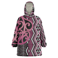 Maori Taniko Patterns Wearable Blanket Hoodie Pink Patiki Motifs Mix Whakairo Ngaru