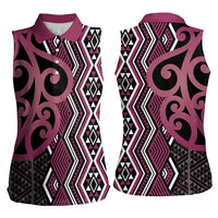 Maori Taniko Patterns Women Sleeveless Polo Shirt Pink Patiki Motifs Mix Whakairo Ngaru