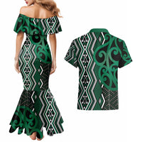 Maori Taniko Patterns Couples Matching Mermaid Dress and Hawaiian Shirt Pounamu Patiki Motifs Mix Whakairo Ngaru