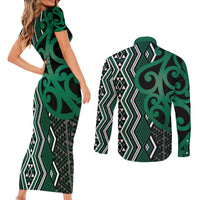 Maori Taniko Patterns Couples Matching Short Sleeve Bodycon Dress and Long Sleeve Button Shirt Pounamu Patiki Motifs Mix Whakairo Ngaru