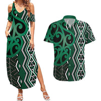 Maori Taniko Patterns Couples Matching Summer Maxi Dress and Hawaiian Shirt Pounamu Patiki Motifs Mix Whakairo Ngaru