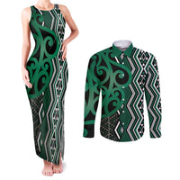 Maori Taniko Patterns Couples Matching Tank Maxi Dress and Long Sleeve Button Shirt Pounamu Patiki Motifs Mix Whakairo Ngaru