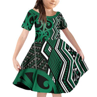 Maori Taniko Patterns Family Matching Off Shoulder Short Dress and Hawaiian Shirt Pounamu Patiki Motifs Mix Whakairo Ngaru