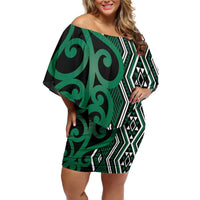 Maori Taniko Patterns Family Matching Off Shoulder Short Dress and Hawaiian Shirt Pounamu Patiki Motifs Mix Whakairo Ngaru