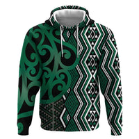 Maori Taniko Patterns Zip Hoodie Pounamu Patiki Motifs Mix Whakairo Ngaru LT7 Pullover Hoodie Green - Polynesian Pride
