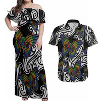 Aotearoa Takatapui Pride Couples Matching Off Shoulder Maxi Dress and Hawaiian Shirt Rainbow Butterfly - Free To Love
