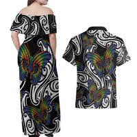 Aotearoa Takatapui Pride Couples Matching Off Shoulder Maxi Dress and Hawaiian Shirt Rainbow Butterfly - Free To Love