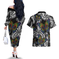 Aotearoa Takatapui Pride Couples Matching Off The Shoulder Long Sleeve Dress and Hawaiian Shirt Rainbow Butterfly - Free To Love