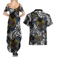 Aotearoa Takatapui Pride Couples Matching Summer Maxi Dress and Hawaiian Shirt Rainbow Butterfly - Free To Love