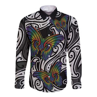 Aotearoa Takatapui Pride Long Sleeve Button Shirt Rainbow Butterfly - Free To Love LT7 Unisex Black - Polynesian Pride