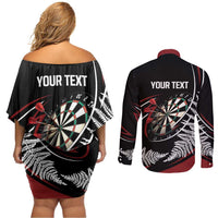 New Zealand Darts Personalised Couples Matching Off Shoulder Short Dress and Long Sleeve Button Shirt Silver Fern Dynamic