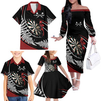 New Zealand Darts Personalised Family Matching Off The Shoulder Long Sleeve Dress and Hawaiian Shirt Silver Fern Dynamic