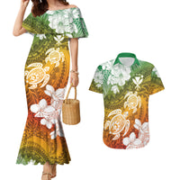 Kanaka Maoli Hawaii Flag Day Couples Matching Mermaid Dress and Hawaiian Shirt Vibrant Frangipani