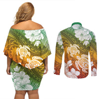 Kanaka Maoli Hawaii Flag Day Couples Matching Off Shoulder Short Dress and Long Sleeve Button Shirt Vibrant Frangipani