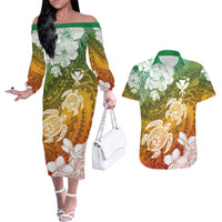 Kanaka Maoli Hawaii Flag Day Couples Matching Off The Shoulder Long Sleeve Dress and Hawaiian Shirt Vibrant Frangipani