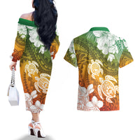 Kanaka Maoli Hawaii Flag Day Couples Matching Off The Shoulder Long Sleeve Dress and Hawaiian Shirt Vibrant Frangipani