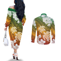 Kanaka Maoli Hawaii Flag Day Couples Matching Off The Shoulder Long Sleeve Dress and Long Sleeve Button Shirt Vibrant Frangipani